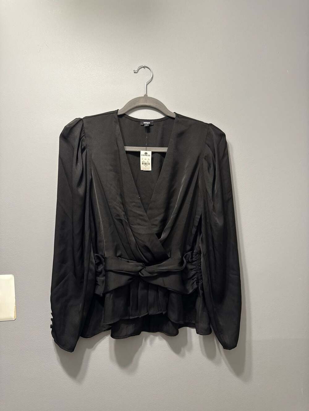 Express Black Satin V-Neck Long Sleeve Peplum Top with Front Tie